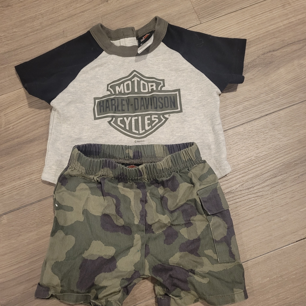 Harley-Davidson Gray and Black Baby Boy Tee with Camo Shorts
